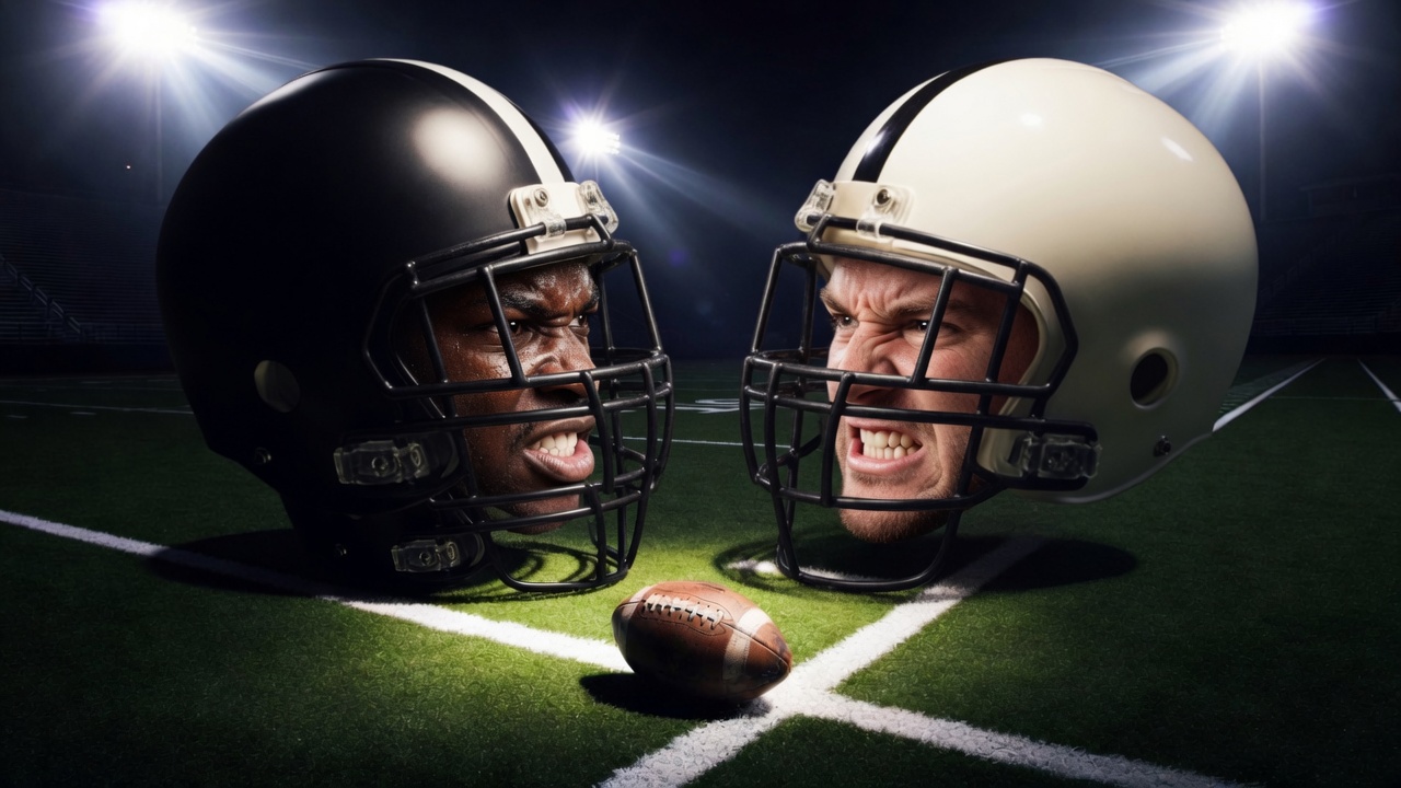 Two players in helmets stare each other down on a night field, a ball between them, ready to hit.